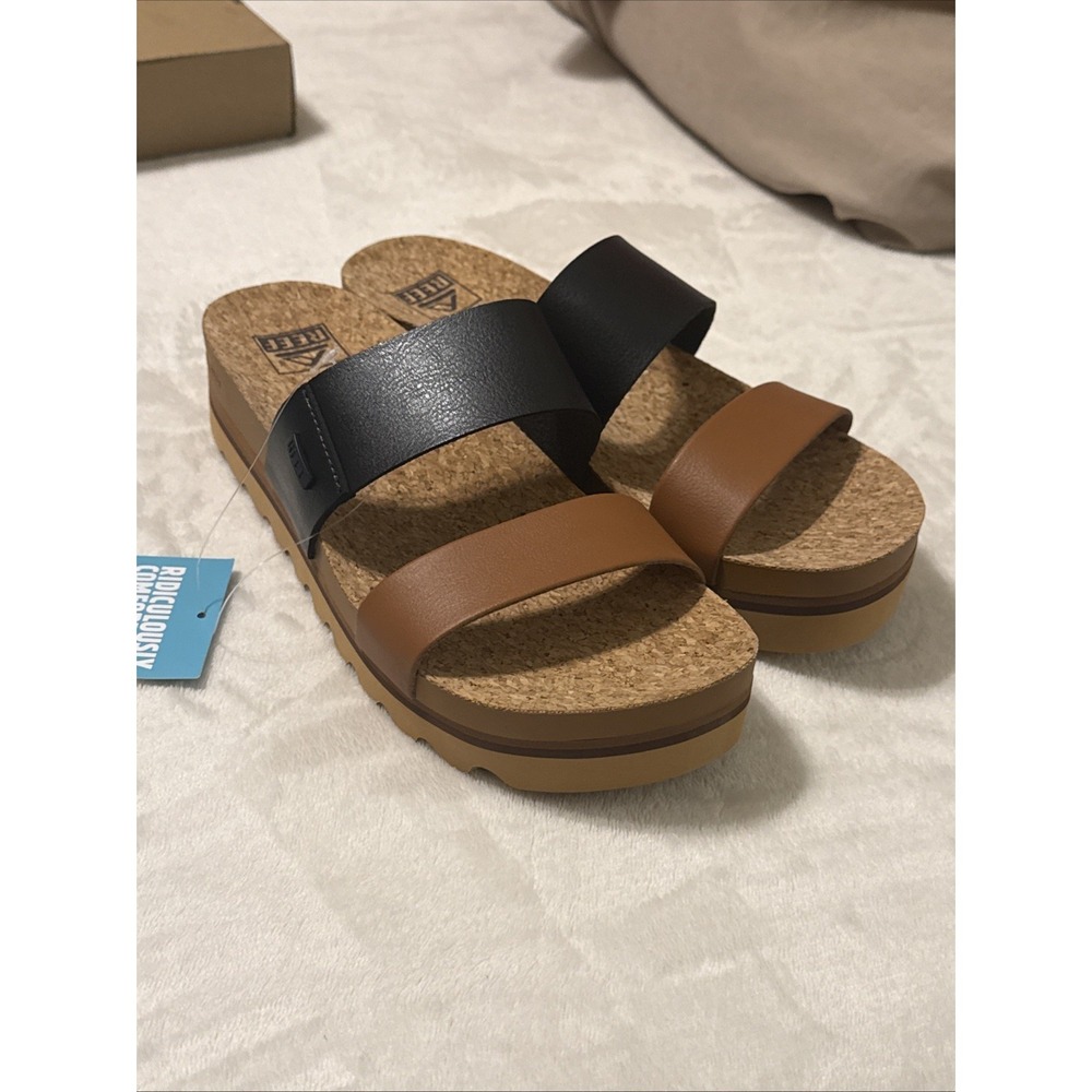 Reef Cushion Vista Hi Platform Sandals, Black/Brown Duo, Women's 9, New In Box